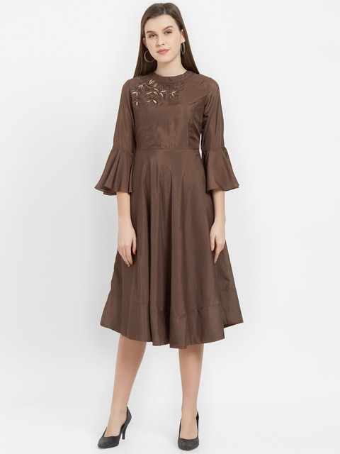 

Soie Women Brown Embellished Fit and Flare Dress