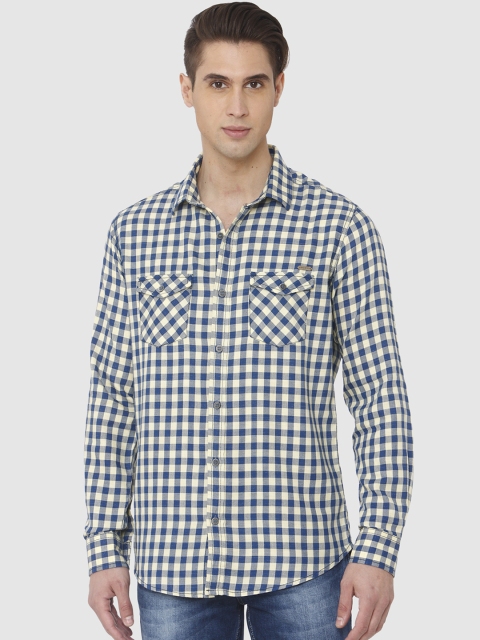

Mufti Men Yellow & Navy Blue Slim Fit Checked Casual Shirt