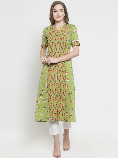 

Indibelle Women Lime Green & Off-White Printed Kurta with Trousers