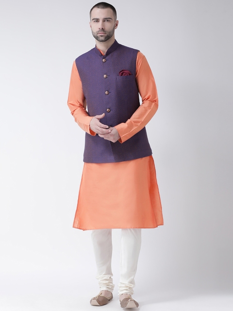 

KISAH Men Orange & Purple Solid Churidar Kurta with Nehru Jacket