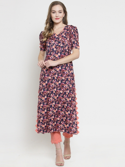 

Indibelle Women Navy Blue & Pink Printed Kurta with Trousers