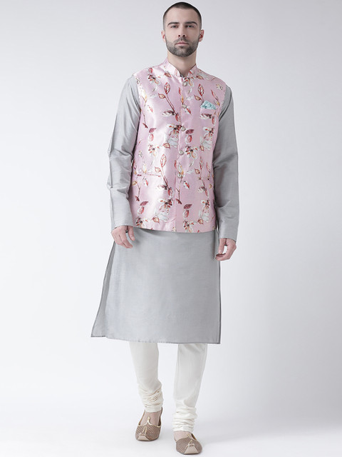 

KISAH Men Pink Printed Kurta with Churidar & Nehru Jacket