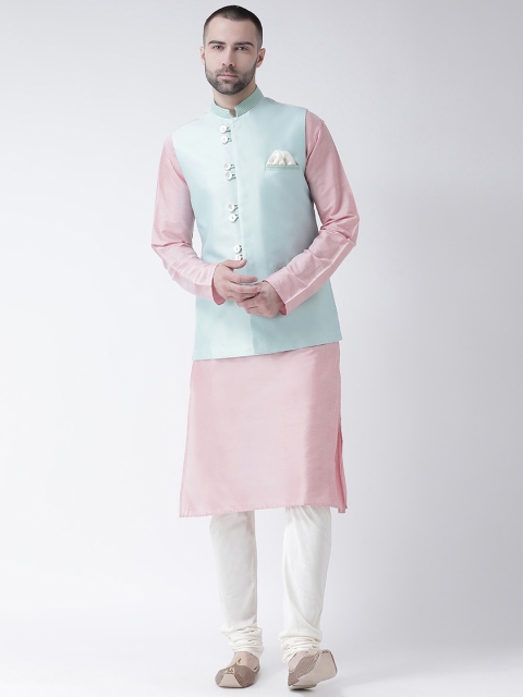 

KISAH Men Pink & White Solid Kurta with Churidar & Turquoise Blue Nehru Jacket