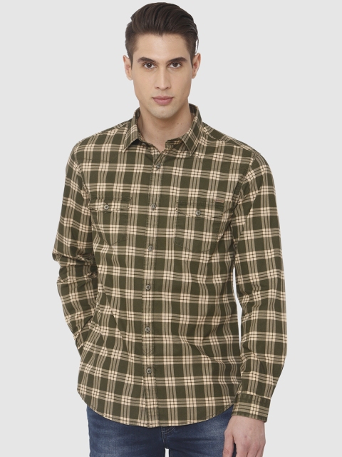 

Mufti Men Olive Green & Yellow Slim Fit Checked Casual Shirt