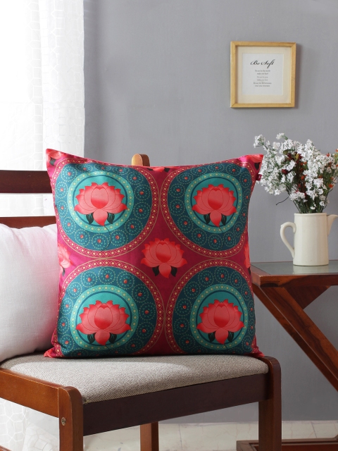 

India Circus by Krsnaa Mehta Pink & Green Floral Square Cushion Cover