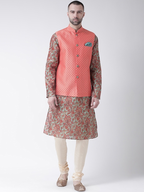 

KISAH Men Peach-Coloured Self Design Kurta with Churidar & Nehru Jacket