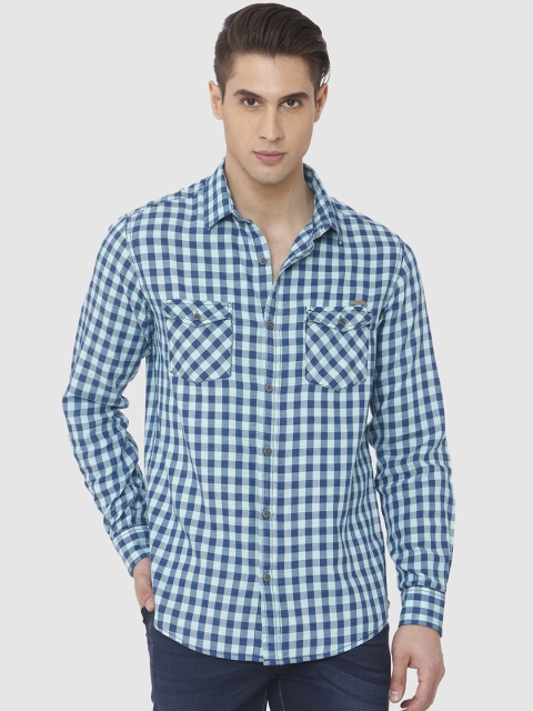 

Mufti Men Turquoise Blue Slim Fit Checked Casual Shirt