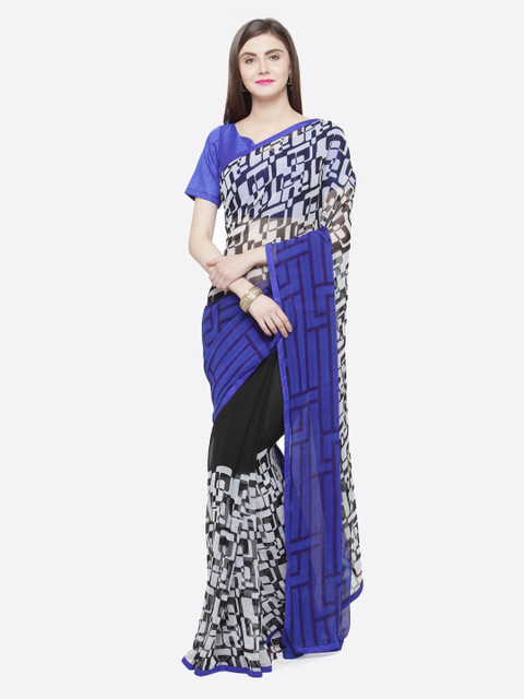 

Shaily Blue & Black Pure Georgette Printed Saree