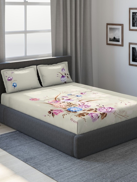

DDecor Beige Floral 180 TC Cotton 1 King Bedsheet with 2 Pillow Covers