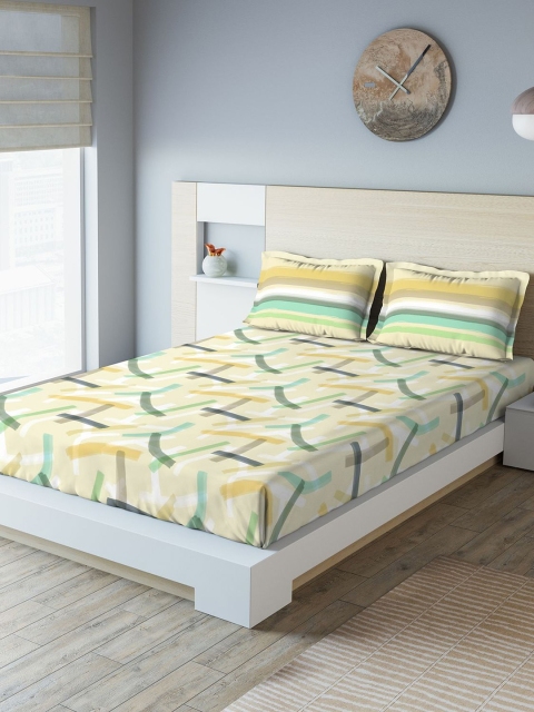 

DDecor Yellow Abstract 144 TC Cotton 1 Queen Bedsheet with 2 Pillow Covers