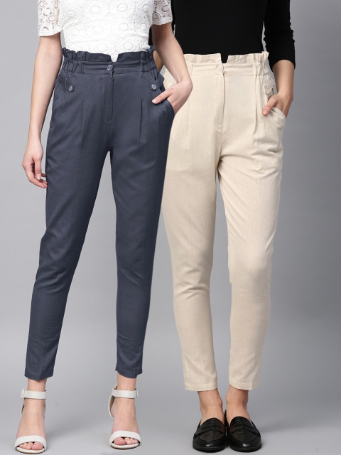

Tulsattva Women Set of 2 Tapered Fit Solid Peg Trousers, Multi