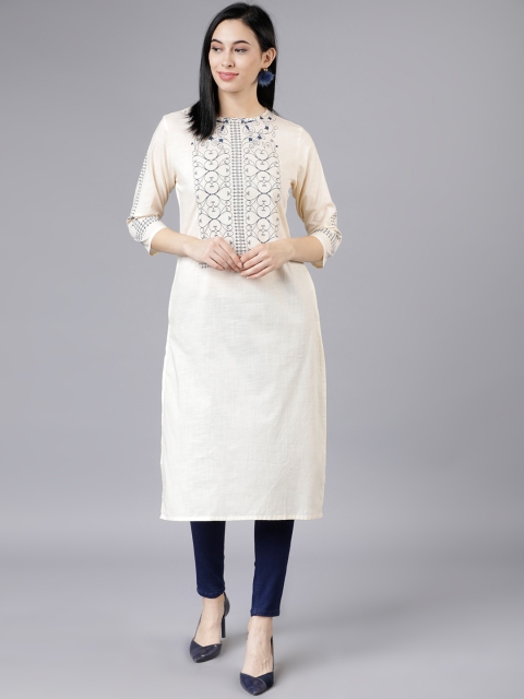 

Vishudh Women Off-White Yoke Design Straight Kurta