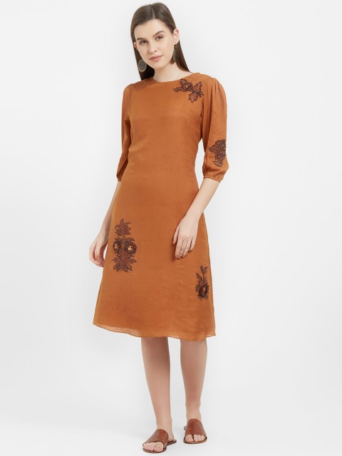 

Soie Women Brown Embroidered Fit and Flare Dress