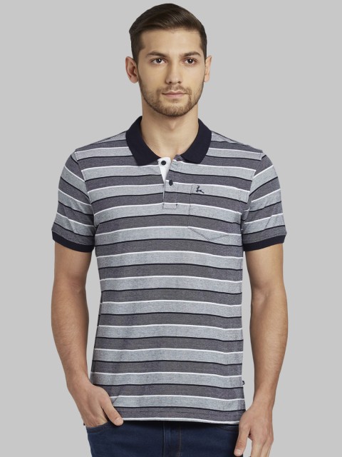 Parx Men Blue Striped Polo Collar T-shirt