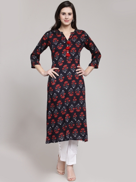 

plusS Women Black & Red Printed Straight Kurta