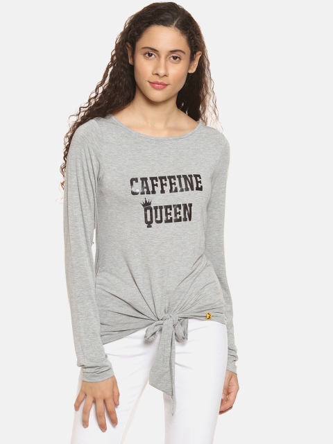 

Campus Sutra Women Grey Printed Round Neck Pure Cotton T-shirt