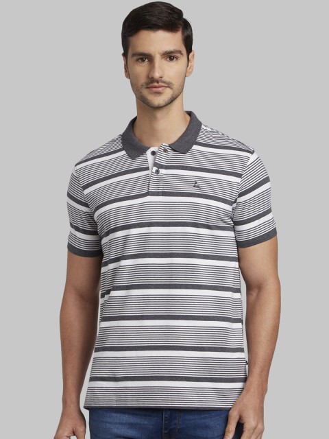 

Parx Men Grey Striped Polo Collar T-shirt