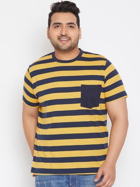 

bigbanana Plus Size Men Mustard Yellow Striped Round Neck T-shirt