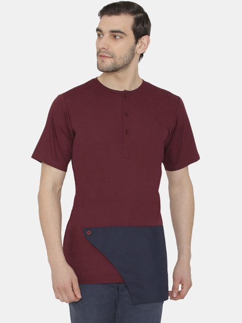 

Raas Men Burgundy & Navy Blue Colourblocked Straight Kurta