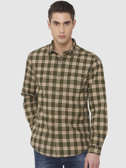 

Mufti Men Olive Green & Beige Slim Fit Checked Casual Shirt