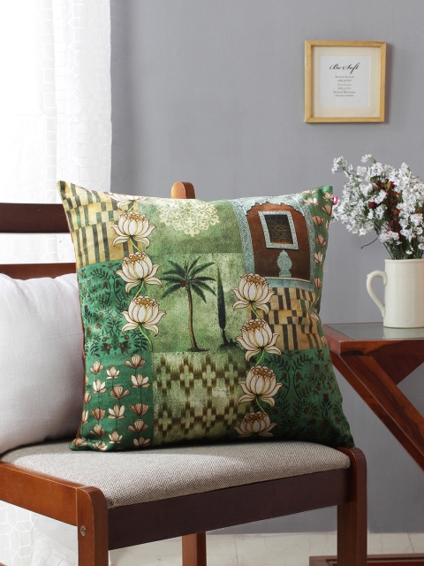 

India Circus by Krsnaa Mehta Green & Brown 85 GSM Floral Square Cushion Cover