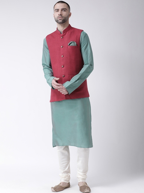 

KISAH Men Pink Self Design Kurta with Churidar & Nehru Jacket