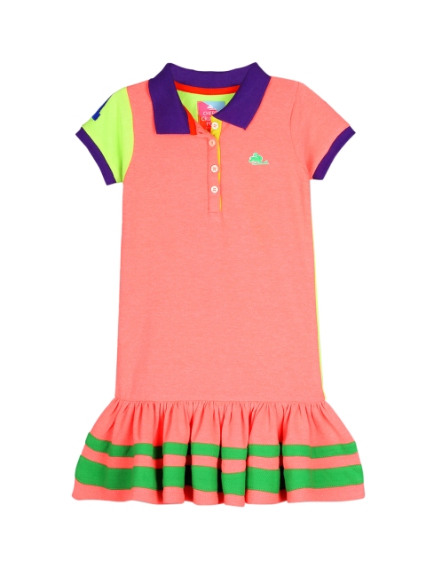 Cherry Crumble Girls Coral Orange & Yellow Solid T-Shirt Dress