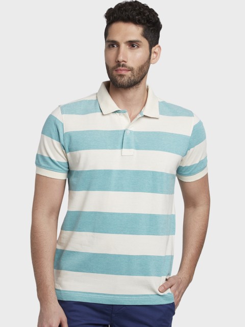 

ColorPlus Men Blue & White Striped Polo Collar T-shirt