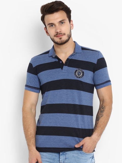 

Mufti Men Blue Striped Polo Collar T-shirt