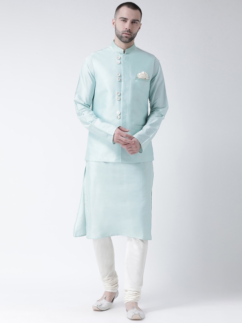 

KISAH Men Turquoise Blue & White Kurta with Churidar & Self Design Nehru Jacket