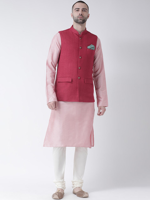 

KISAH Men Pink Self Design Kurta with Churidar & Nehru Jacket