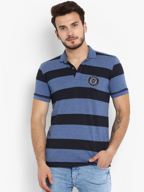 

Mufti Men Blue Striped Polo Collar T-shirt