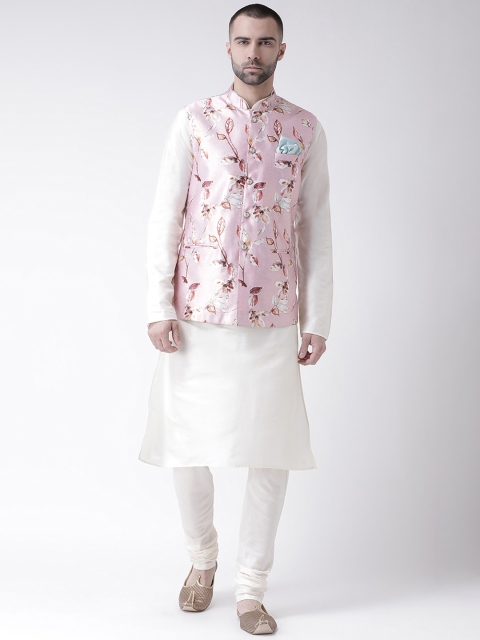 

KISAH Men Pink & White Printed Kurta with Churidar & Nehru Jacket