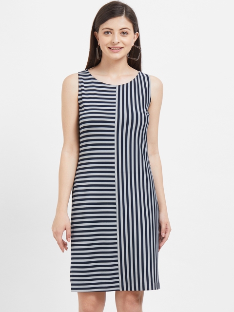 Soie Women Grey Striped Sheath Dress
