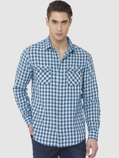 

Mufti Men Turquoise Blue & Off-White Slim Fit Checked Casual Shirt
