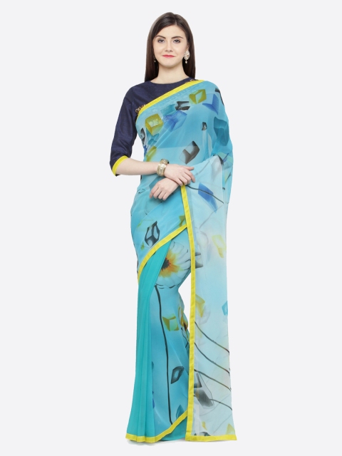 

Shaily Turquoise Blue & Yellow Pure Georgette Printed Saree