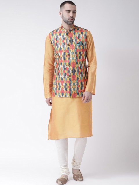 

KISAH Men Orange & White Printed Kurta with Churidar & Nehru Jacket