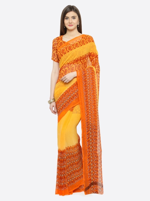 

Shaily Orange & Yellow Printed Pure Georgette Saree