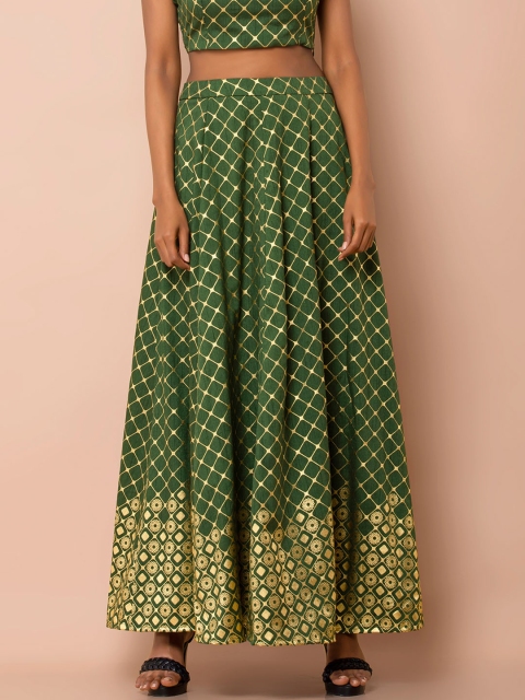 

INDYA Women Green & Gold-Colored Checked Flared Maxi Skirt