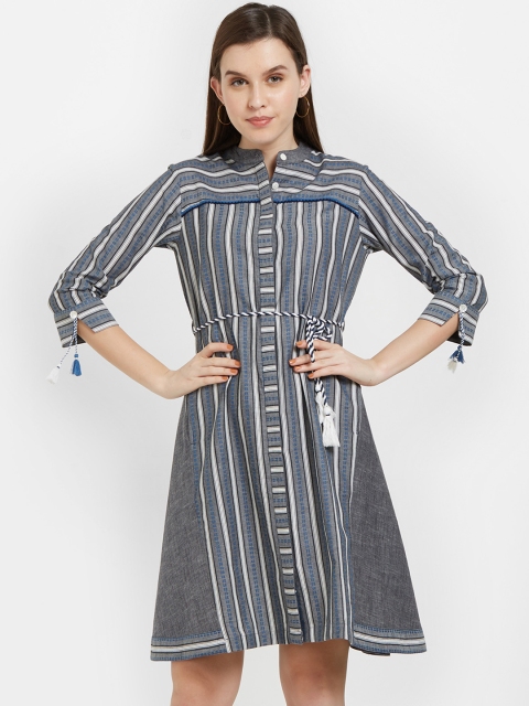 

Soie Women Grey Striped Fit and Flare Dress