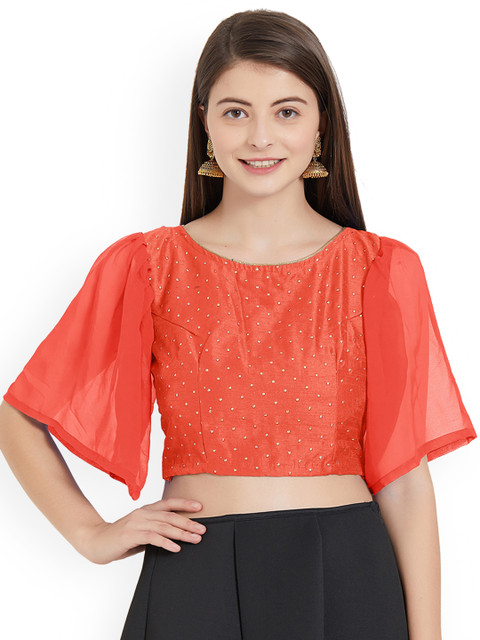 

Mirchi Fashion Women Orange Embroidered Stitched Saree Blouse