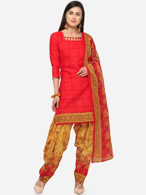 

Rajnandini Red & Yellow Cotton Blend Unstitched Dress Material