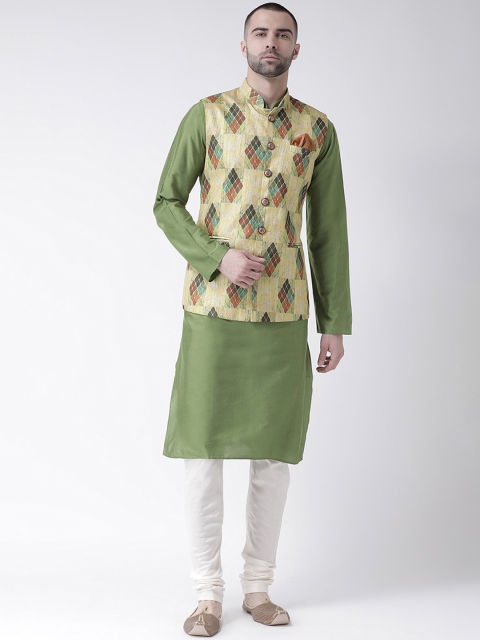 

KISAH Men Lime Green & White Solid Kurta with Churidar