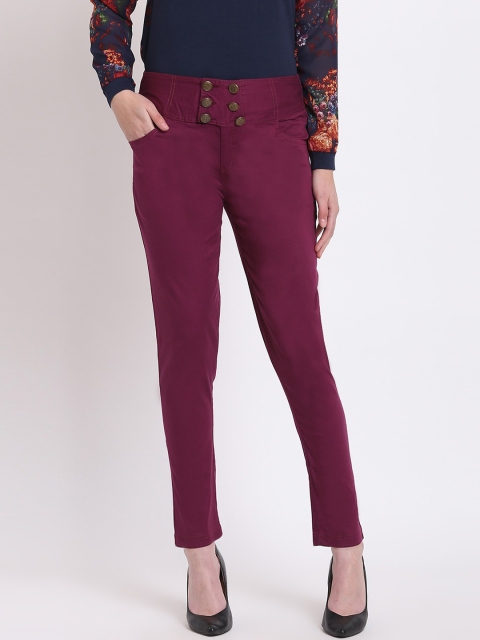

RIVI Women Burgundy Slim Fit Solid Cigarette Trousers