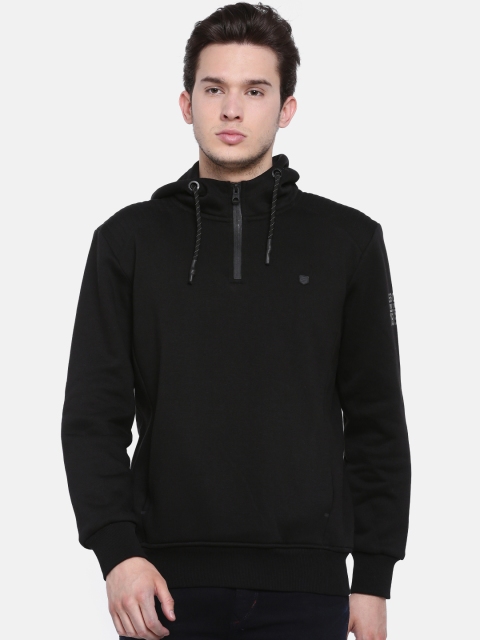 

t-base Men Black Solid Hooded Sweatshirt