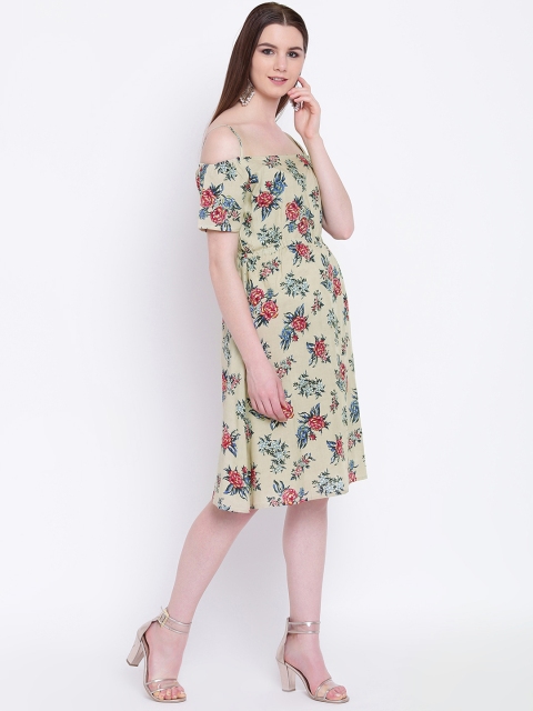 

Khushal K Women Beige Floral Printed Fit and Flare Dress