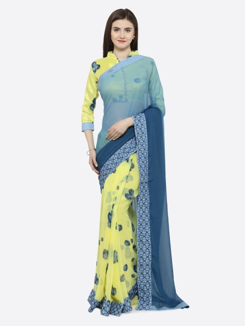 

Shaily Yellow & Blue Pure Georgette Printed Saree