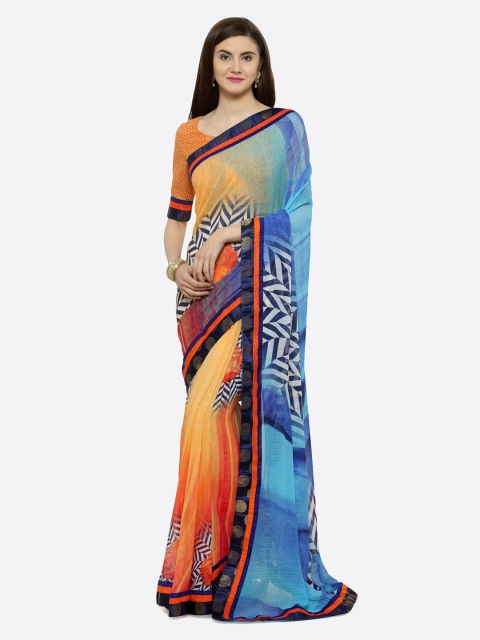 

Shaily Blue & Orange Satin Printed Saree