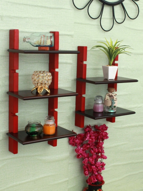 

Home Sparkle Red & Brown MDF Basic Wall Shelf