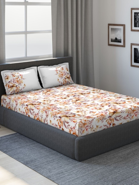 

DDecor Orange & White Floral 180 TC Cotton 1 King Bedsheet with 2 Pillow Covers